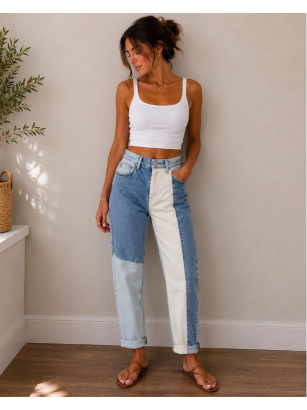PacSun Patchwork Straight Leg Jeans in Light Blue and White
##36